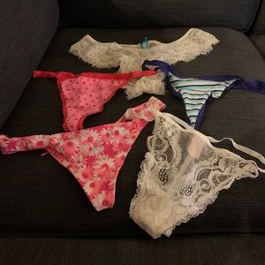 NEW Set 5 LG VICTORIA SECRET T-BACK THONG UNDERWEAR Hearts Stripes Flowers Lace